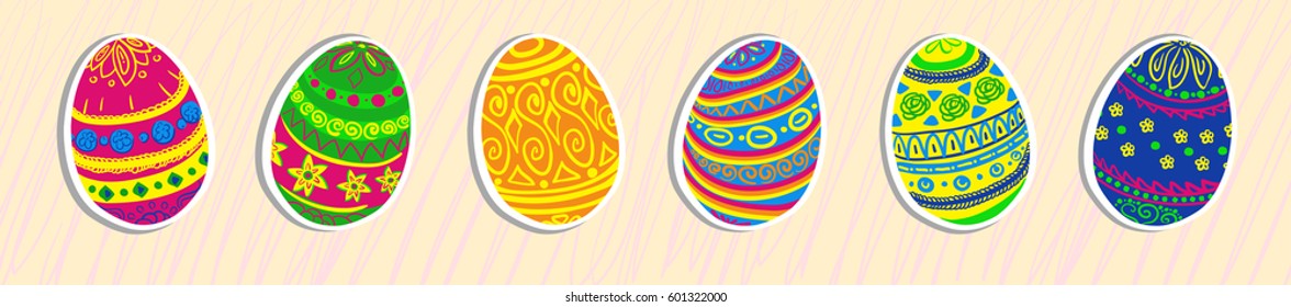 Bright, colorful stickers Easter eggs, with different colored patterns