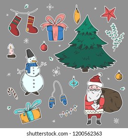 Bright colorful stickers set of doodle Christmas elements including fir, snowman, Santa Claus, giftboxes, mittens, stocking for new year banner design, labels, coloring books, kids apps