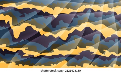 Bright colorful striped background template for your projects. Semi-transparent wavy stripes against the background of a surface formed by abstract shapes with torn edges. Vector. 