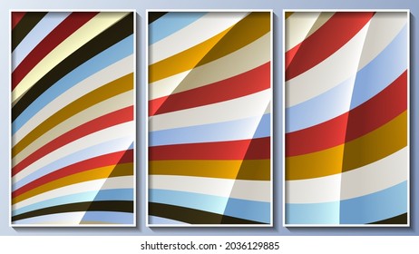 bright colorful striped triptych. three images in white frames. translucent flowing forms against the background of multi-colored wavy stripes. vector