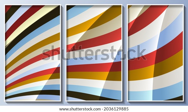 bright colorful striped triptych. three images in white frames. translucent flowing forms against the background of multi-colored wavy stripes. vector.