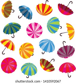 Bright colorful striped umbrellas from different angles pattern