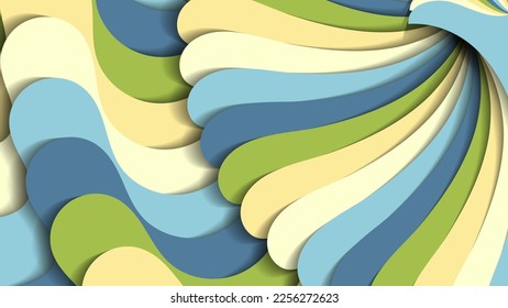 Bright colorful striped wallpaper with 3D effect. A variegated surface of overlapping multicolored abstract shapes with smooth edges. Vector.