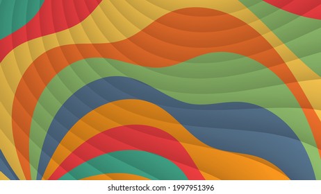 bright colorful striped wallpaper. translucent flowing stripes on a background of multicolored abstract shapes with wavy edges. vector 