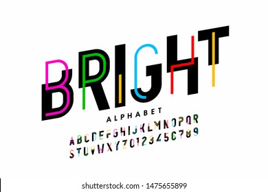 Bright, colorful style font design, creative alphabet, letters and numbers vector illustration