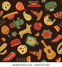 Bright colorful stylish seamless pattern about Mexico. Traditional Mexican symbols on bright background. Flat design. Hand-drawnd. Vector illustration.