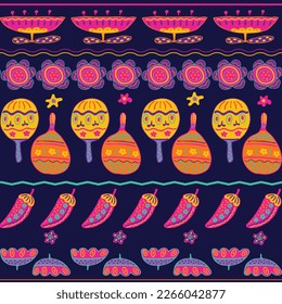 Bright colorful stylish seamless pattern about Mexico. Traditional Mexican symbols on bright background. Flat design. Hand-drawnd. Vector illustration.