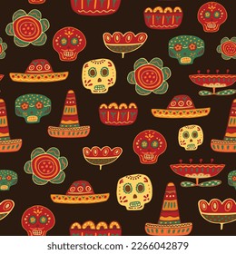 Bright colorful stylish seamless pattern about Mexico. Traditional Mexican symbols on bright background. Flat design. Hand-drawnd. Vector illustration.