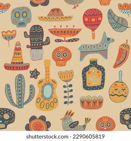 Bright colorful stylish seamless pattern about Mexico. Traditional Mexican symbols on bright background. Flat design. Hand-drawnd. Vector illustration.