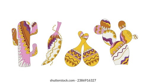 Bright colorful stylish vector illustration about Mexico. Traditional Mexican symbols cacti, maracas, red pepper. Flat design. Drawn hand. Vector illustration.