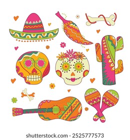 Bright colorful stylish vector illustration about Mexico. Icons set, design element. Collection Traditional Mexican symbols maracas, mexican guitar, Mexican skull, sombrerero,cacti,pi ata, red pepper