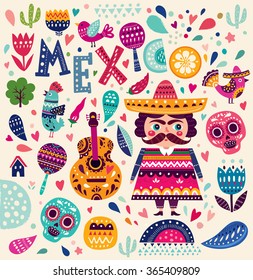 Bright colorful stylish vector illustration about Mexico. Pattern with symbols of Mexico: skull, flowers, guitar, maracas, bird. Original illustration and design.