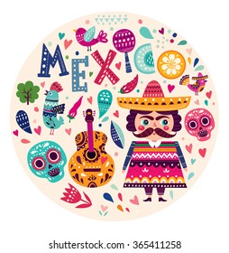 Bright colorful stylish vector illustration about Mexico. Pattern with symbols of Mexico: skull, flowers, guitar, maracas, bird. Original illustration and design.