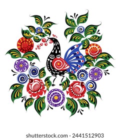Bright colorful stylized illustration. Bird with flowers and berries. Folklore motifs, Russian folk painting of Gorodets. Abstract image of a bird and flowers.