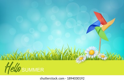 Bright Colorful Summer Background With Fresh Grass, Flowers And Paper Windmill. For Cards, Ad, Banners, Flyers Or Web