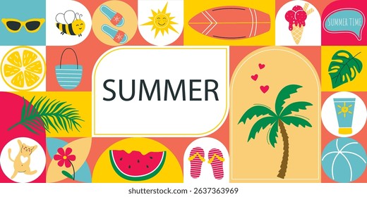 Bright colorful summer banner with beach holiday attributes. Horizontal template with geometric elements and icons. Hot summer holiday season. Vector graphics
