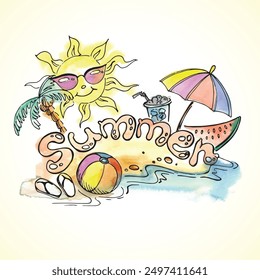 Bright colorful summer banner. Coloring page inscription summer. vector watercolor style.
