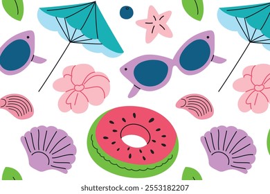 Bright and colorful summer beach pattern, watermelon inflatable ring, shells, sunglasses, tropical flowers, sun umbrella. Perfect for vacation and tropical designs, traveling to exotic resort