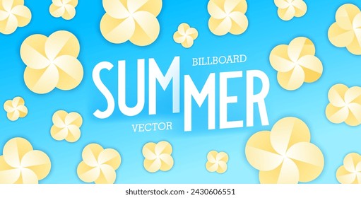 Bright colorful summer billboard. Floral arrangement of round stylized Y2K brutalism elements. Vector template