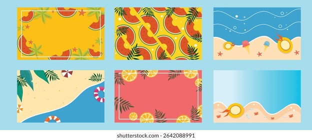 A bright and colorful summer bundle with beach scenes waves fruit patterns and fun seaside illustrations