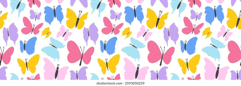 Bright and colorful summer pattern with cute flat butterflies. Trendy color butterfly seamless background. 