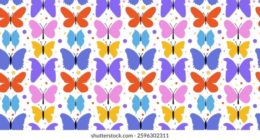 Bright and colorful summer pattern with cute flat butterflies. Trendy color butterfly seamless background. 