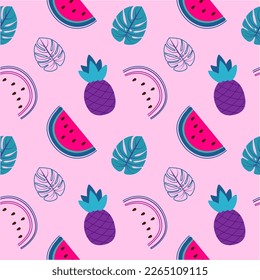 Bright, colorful summer pattern with pineapple, watermelon, monstera leaves. Print, pattern for clothes, bed linen, shopping bags