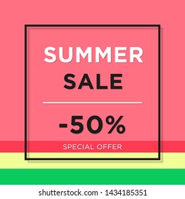 Bright colorful Summer sale banner template on watemelon vector illustration. Summer sale announcement for banner, poster. Fresh exotic fruit