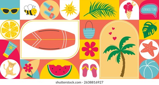 Bright colorful summer seamless pattern. Background of tiles with attributes of beach vacation. Seasonal print for textile, packaging, advertising, design, vector graphic