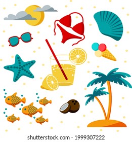 Luminoso y colorido escenario de verano. Ilustración plana vectorial.