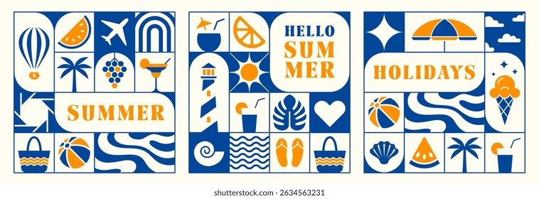 Bright colorful summer square poster set. Modern art design with icons for ads, banner, cover, label, poster, sales. Vector illustration in minimalistic style.