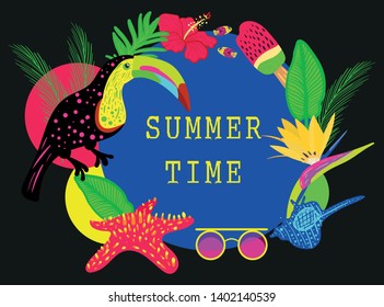 Bright colorful summer time vector neon banner design with circle for text and colorful beach elements in black background. Tropical flowers, toucan, glasses, shell, ice cream. Vector illustration. 