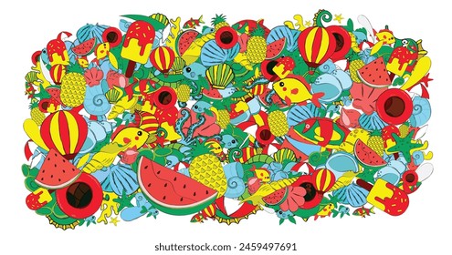 Bright and colorful summer-themed doodle illustration featuring tropical fruits, ice cream, sea creatures, and beach accessories. A vibrant collage of playful, hand-drawn elements.