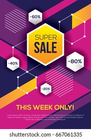 Bright Colorful Super Sale, Special Offer, Discount Banner Or Poster Design. Abstract Geometric Background With Hexagon.