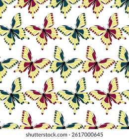 Bright colorful swallowtail butterflies. Seamless decorative geometric pattern on a transparent background
