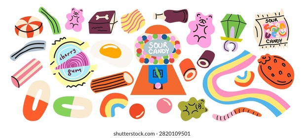 Bright colorful sweet jelly candy set in flat cartoon style. Vintage candy machine worms licorice drops stripes lollipops and sprinkles isolated on white background