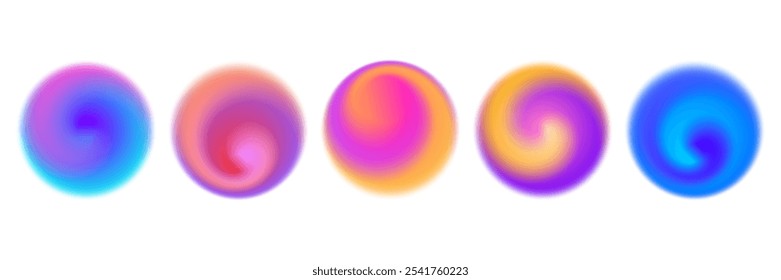 Bright colorful swirl gradient set. Round blur vortex background collection. Iridescent radial blurry shape pack for poster, banner, leaflet, brochure. Vector neon fading circular aura element bundle