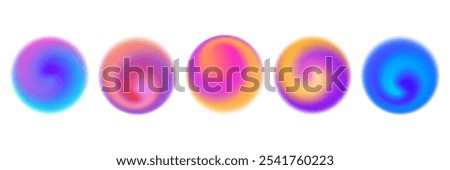 Bright colorful swirl gradient set. Round blur vortex background collection. Iridescent radial blurry shape pack for poster, banner, leaflet, brochure. Vector neon fading circular aura element bundle