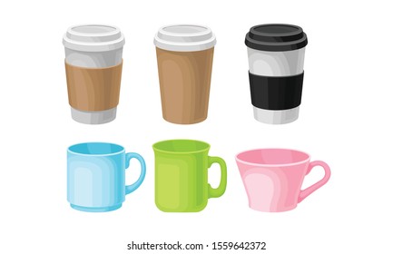 Bright Colorful Tea And Coffee Cups Of Different Design Vector Illustration Set