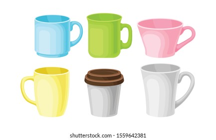 Bright Colorful Tea And Coffee Cups Of Different Design Vector Illustration Set