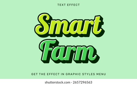 Bright and colorful text effect graphic showing the words Smart Farm in bold, dynamic typography. Ideal for agricultural, environmental, and technological design projects with a fresh modern aesthetic