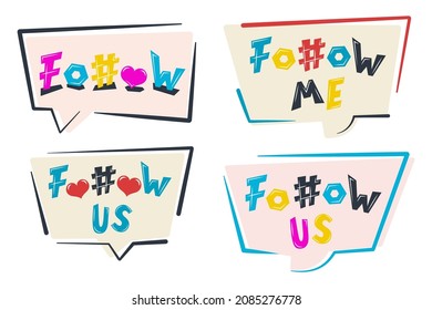 Bright Colorful text follow, likes, subscriptions, hearts, hashtag, lines. Concept of social media banner. Vector illustration.