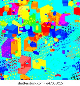 Bright colorful texture with 3d cubes and dots. Seamless background for fabric, wrapping, home decor.