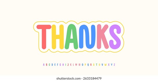 Bright colorful thanks letters outlined with wavy border. Rounded bold typography in playful rainbow shades for kids projects, gratitude cards, party invitations, cheerful prints. Vector illustration