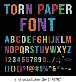 Bright colorful torn paper style vector font with uppercase alphabet, numbers, and symbols. Rough edge ripped letter design perfect for collage, kids projects, and fun typography. Colorful Torn Paper 