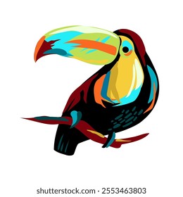 Bright colorful toucan. Tropical bird sits on a branch. Picturesque and vibrant bird. Vector illustrations isolated on white background. Cartoon style