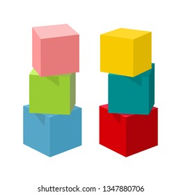 Bright colorful toy bricks building towers. Block vector illustration on white background. Cubes with numbers and letters.