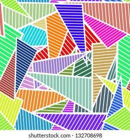 Bright colorful triangles on white background, chaotic seamless pattern
