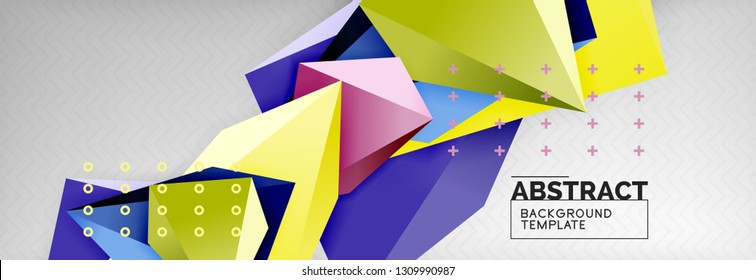 Bright colorful triangular poly 3d composition, vector abstract geometric background, minimal design, polygonal futuristic poster