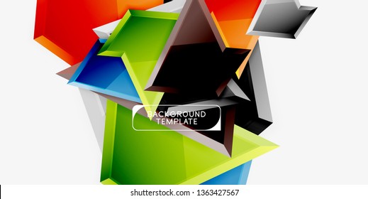 Bright colorful triangular poly 3d composition, vector abstract geometric background, minimal design, polygonal futuristic poster